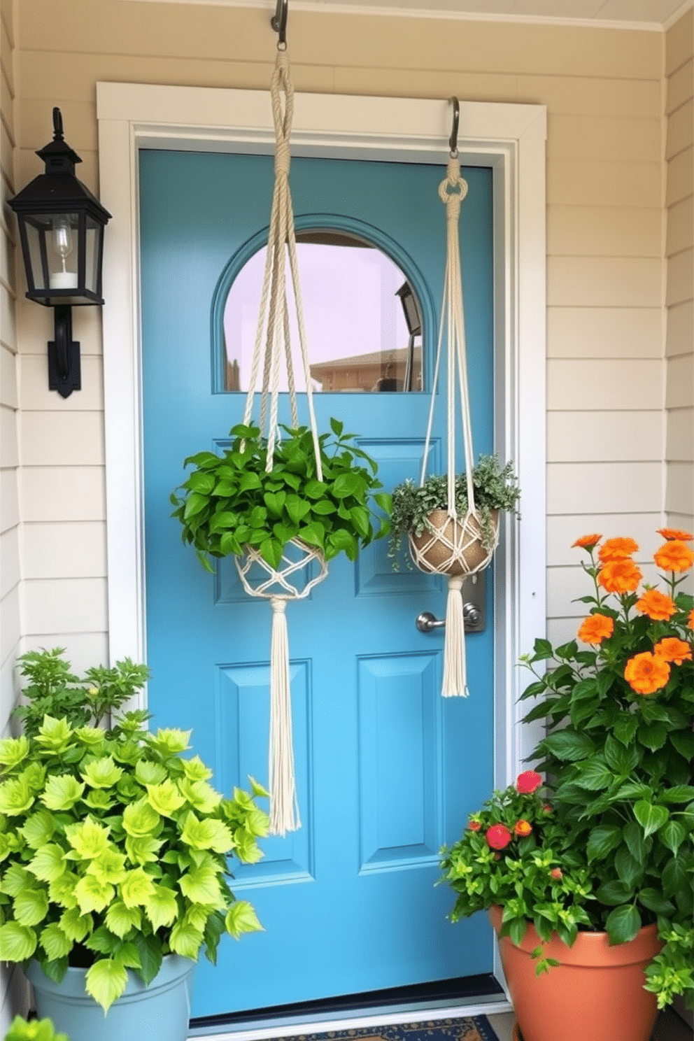 A charming summer front door adorned with macrame plant hangers featuring lush greenery. The door is painted a cheerful light blue, and vibrant potted plants are placed on either side, creating a welcoming atmosphere.