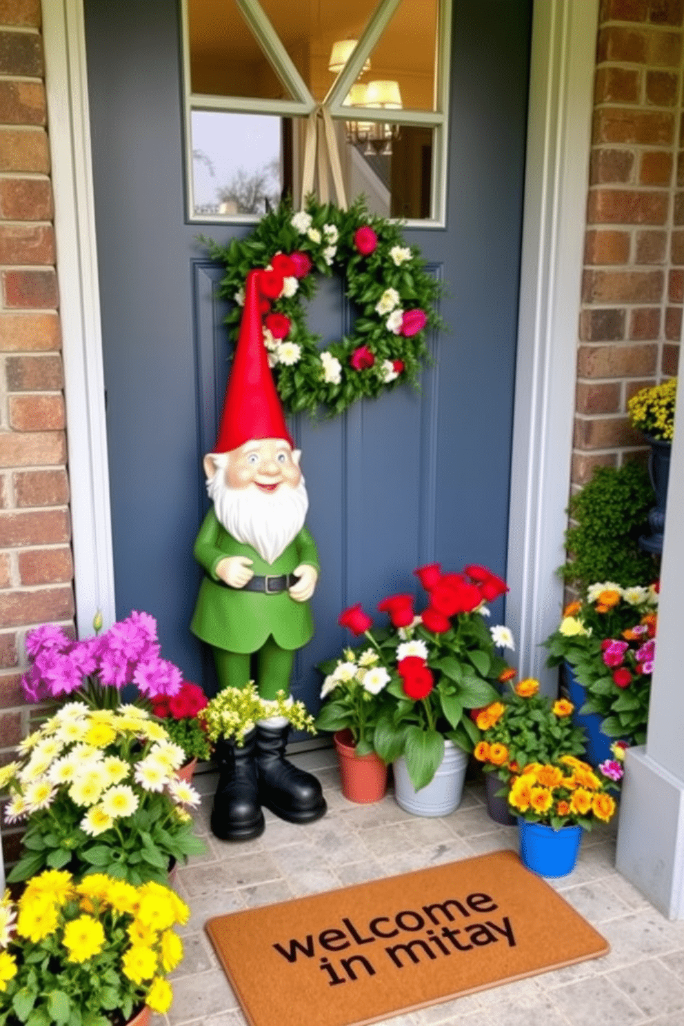 A whimsical garden gnome stands cheerfully by the front door, adding a playful touch to the entryway. Surrounding the gnome, vibrant flowers in colorful pots create a welcoming and lively atmosphere. The front door is adorned with a seasonal wreath made of fresh greenery and bright blossoms. A charming welcome mat lies at the doorstep, inviting guests to step inside and enjoy the summer decor.