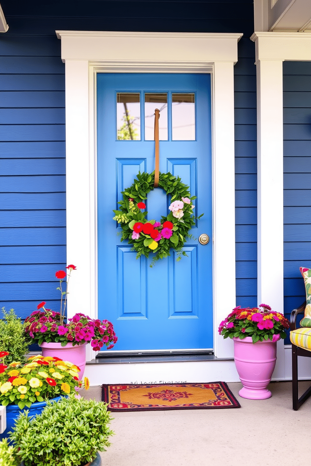 A bright blue door stands out against crisp white trim, inviting guests with its cheerful presence. Flanking the door are vibrant flower pots filled with seasonal blooms, adding a splash of color to the entrance. A welcoming wreath made of fresh greenery and colorful flowers adorns the door, enhancing its summer charm. On the porch, a cozy seating area with colorful cushions complements the lively entrance, creating an inviting atmosphere.