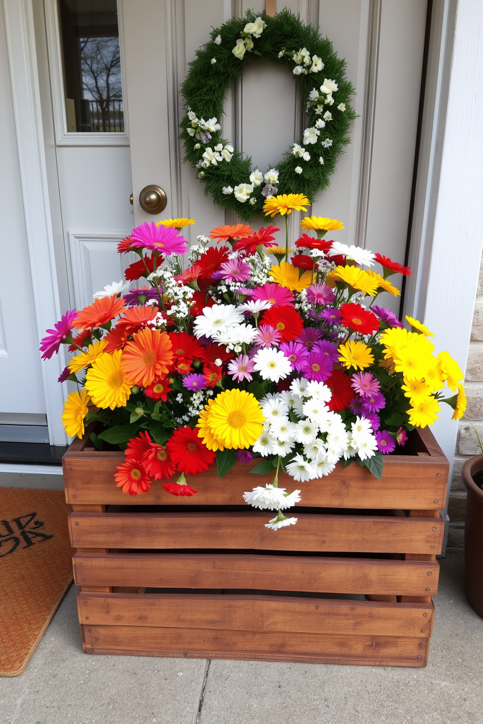 A rustic wooden crate is overflowing with vibrant flowers in various colors, creating a cheerful and inviting display. The crate is positioned near a charming front door, adorned with a simple wreath made of greenery and delicate blooms.