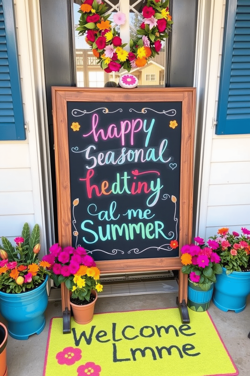 Chalkboard sign displaying cheerful seasonal greetings with colorful chalk art. The sign is framed in rustic wood and adorned with small seasonal decorations like flowers and leaves. Summer front door decorated with vibrant potted plants and a welcoming wreath. Brightly colored welcome mat complements the cheerful atmosphere, inviting guests to enjoy the sunny season.