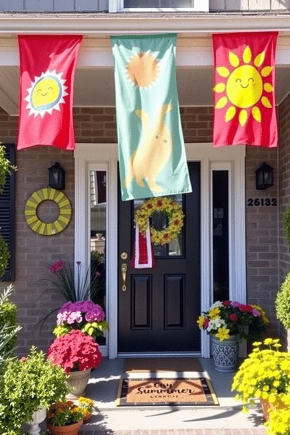 A vibrant summer-themed front porch adorned with decorative flags featuring bright colors and cheerful motifs. The flags sway gently in the breeze, complementing a welcoming entrance decorated with potted flowers and a stylish doormat.