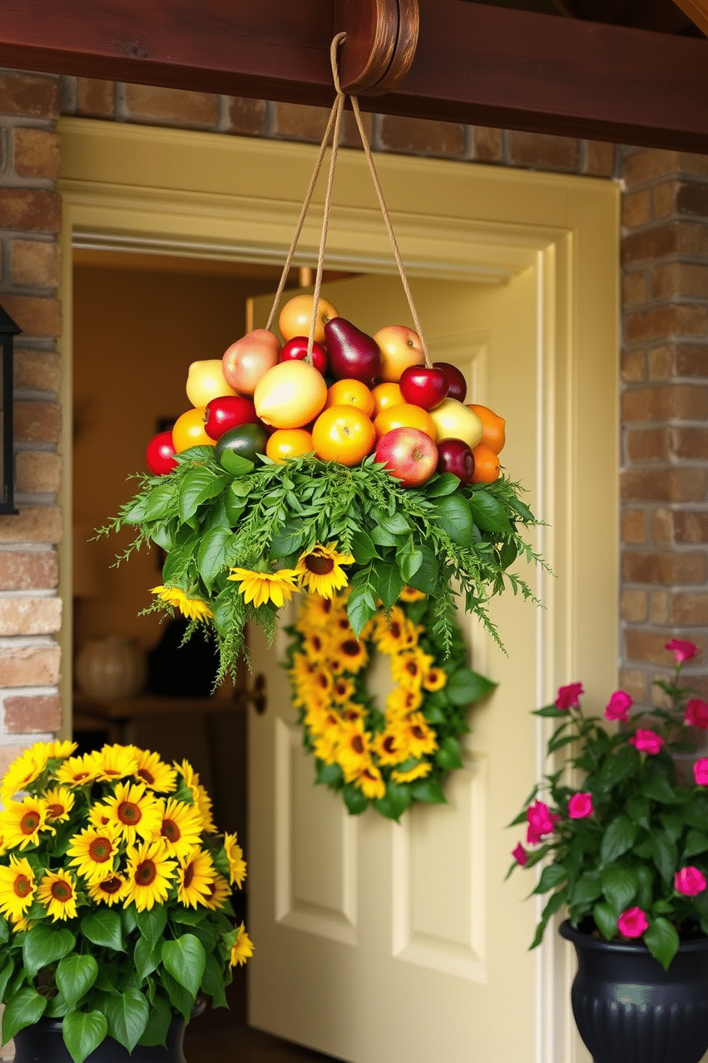 A vibrant hanging fruit basket filled with colorful seasonal fruits adds a cheerful touch to the entryway. The basket is suspended from a rustic wooden beam, creating a warm and inviting atmosphere. For summer front door decorating ideas, consider a bright wreath made of sunflowers and greenery. Flanking the door, potted plants with vibrant blooms enhance the welcoming feel of the entrance.