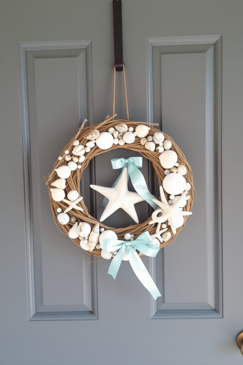 A charming front door decorated with seashells and starfish. The door features a natural wreath made of twine adorned with various seashells, starfish, and a light blue ribbon.