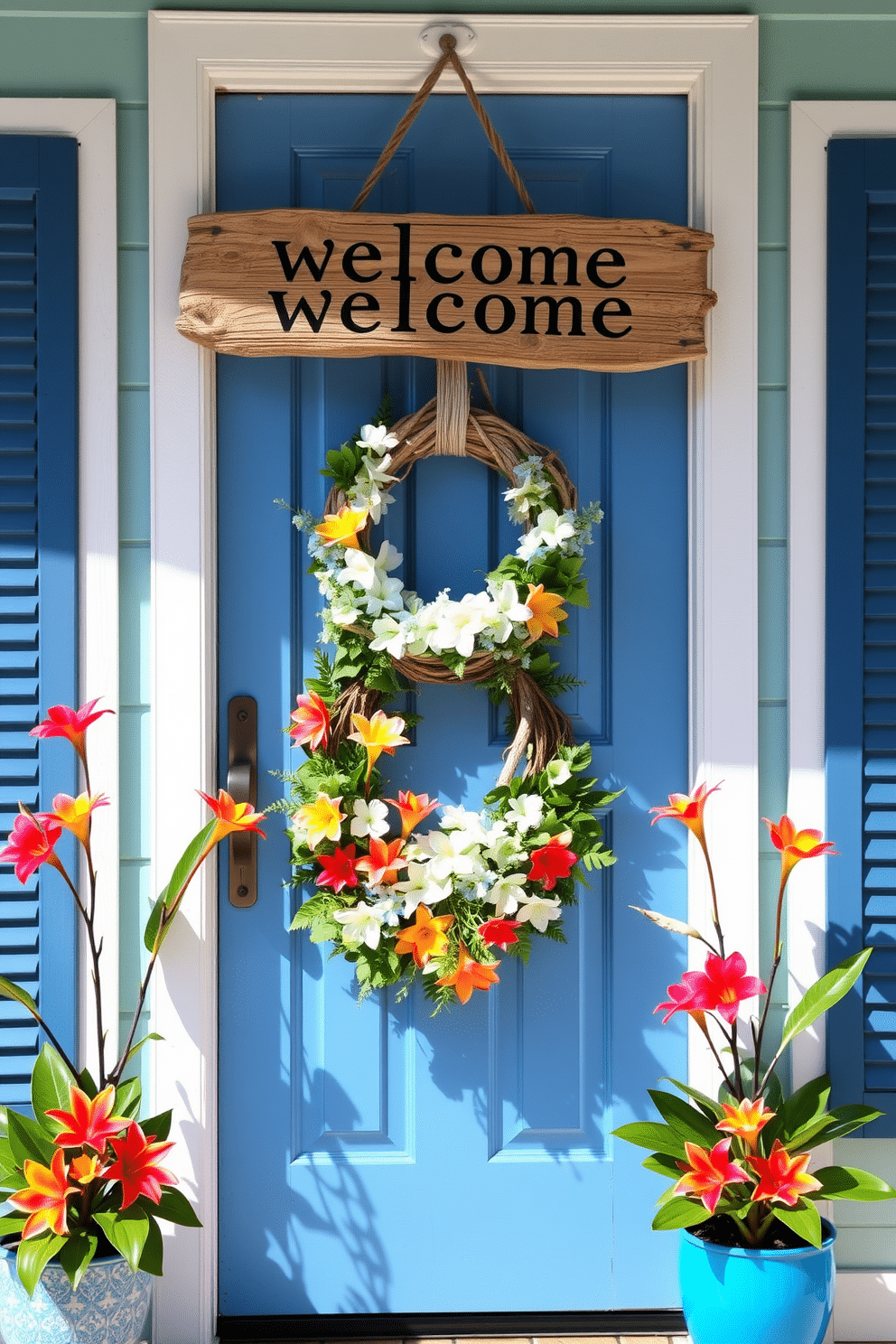 A charming coastal themed welcome sign made from driftwood hangs above a vibrant summer wreath. The front door is adorned with bright blue and white accents, complemented by potted plants featuring tropical flowers on either side.