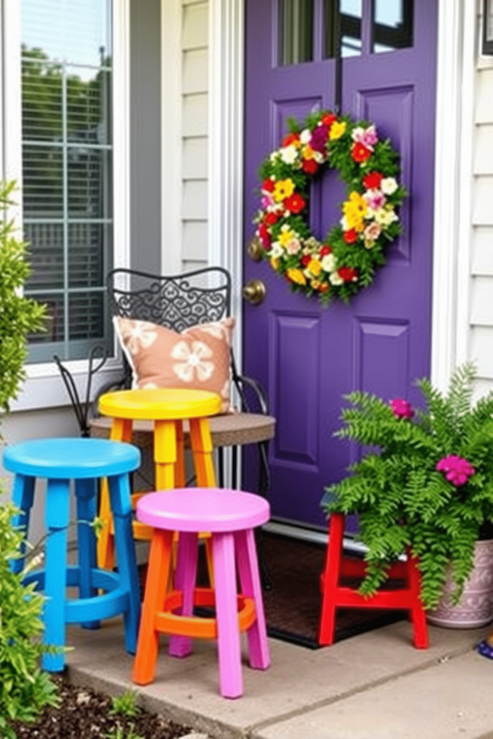 Brightly painted garden stools serve as vibrant accents in an outdoor space. They are arranged around a cozy seating area, adding a pop of color and personality to the garden. For summer front door decorating ideas, a cheerful wreath made of seasonal flowers adorns the door. Flanking the entrance, potted plants with lush greenery create a welcoming atmosphere.