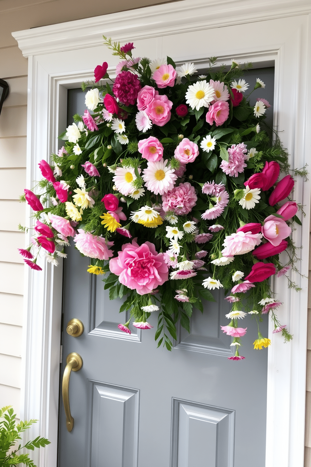 A charming front door adorned with a vibrant floral garland that cascades gracefully across the top. The garland features an array of colorful blossoms, including peonies, daisies, and greenery, creating a welcoming summer ambiance.