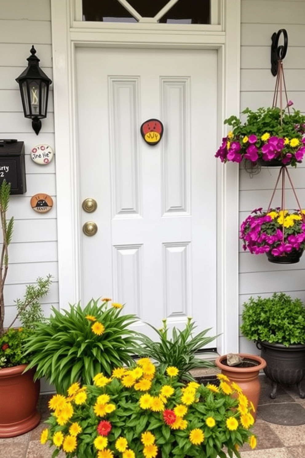 A charming front door adorned with DIY painted rocks serving as unique door markers. The rocks feature vibrant colors and playful designs, adding a personal touch to the entryway. Surrounding the door, lush green plants in decorative pots enhance the summer vibe. Brightly colored flowers in hanging baskets complement the cheerful atmosphere, welcoming guests with warmth and creativity.