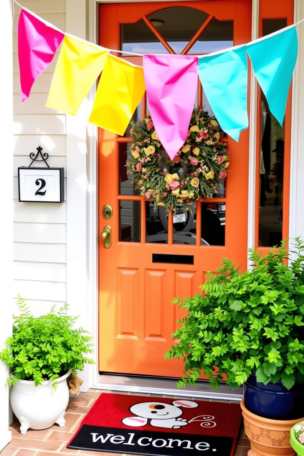 A cheerful front door adorned with vibrant bunting flags in bright summer colors creates a welcoming atmosphere. The flags, featuring shades of yellow, pink, and turquoise, flutter gently in the breeze, adding a festive touch to the entrance. Surrounding the door, potted plants with lush greenery complement the colorful bunting. A decorative welcome mat in a playful design completes the cheerful summer look.