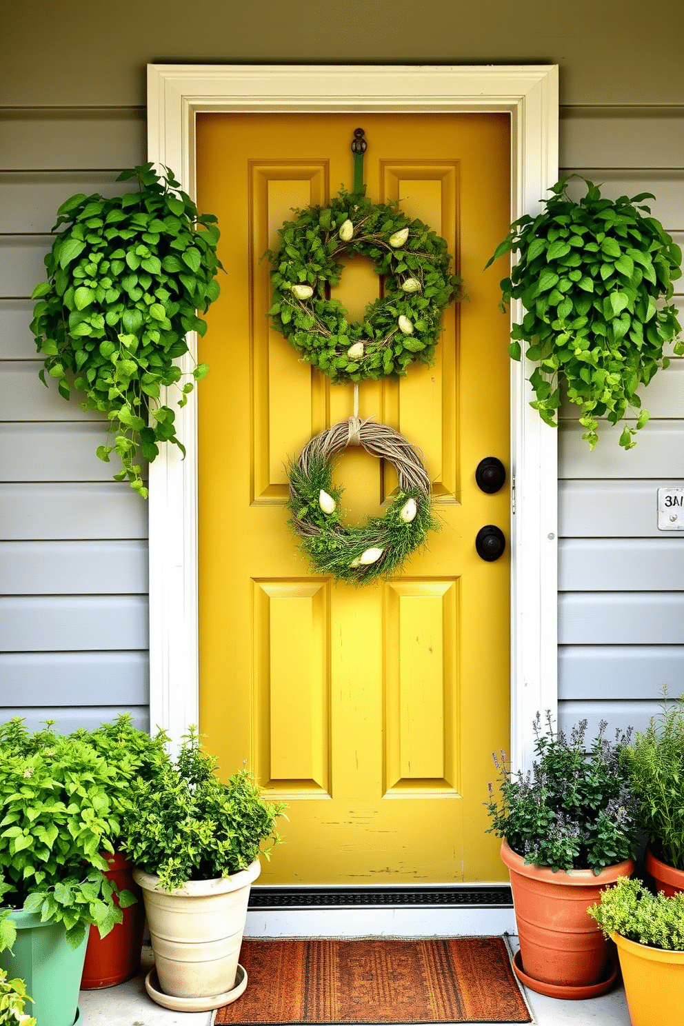 A charming front door adorned with potted herbs in vibrant green hues. The pots are arranged symmetrically on either side of the door, creating a welcoming and fresh atmosphere. The door itself is painted a cheerful color, with a rustic wood finish that complements the greenery. A seasonal wreath made of natural materials hangs on the door, adding a touch of summer flair.