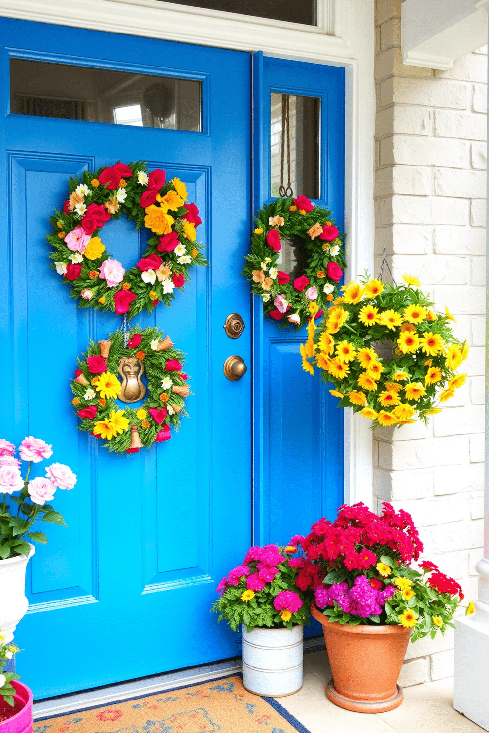 A colorful door knocker in a whimsical shape adorns a bright blue front door. Surrounding the entrance, vibrant potted plants and cheerful wreaths create a welcoming summer ambiance.