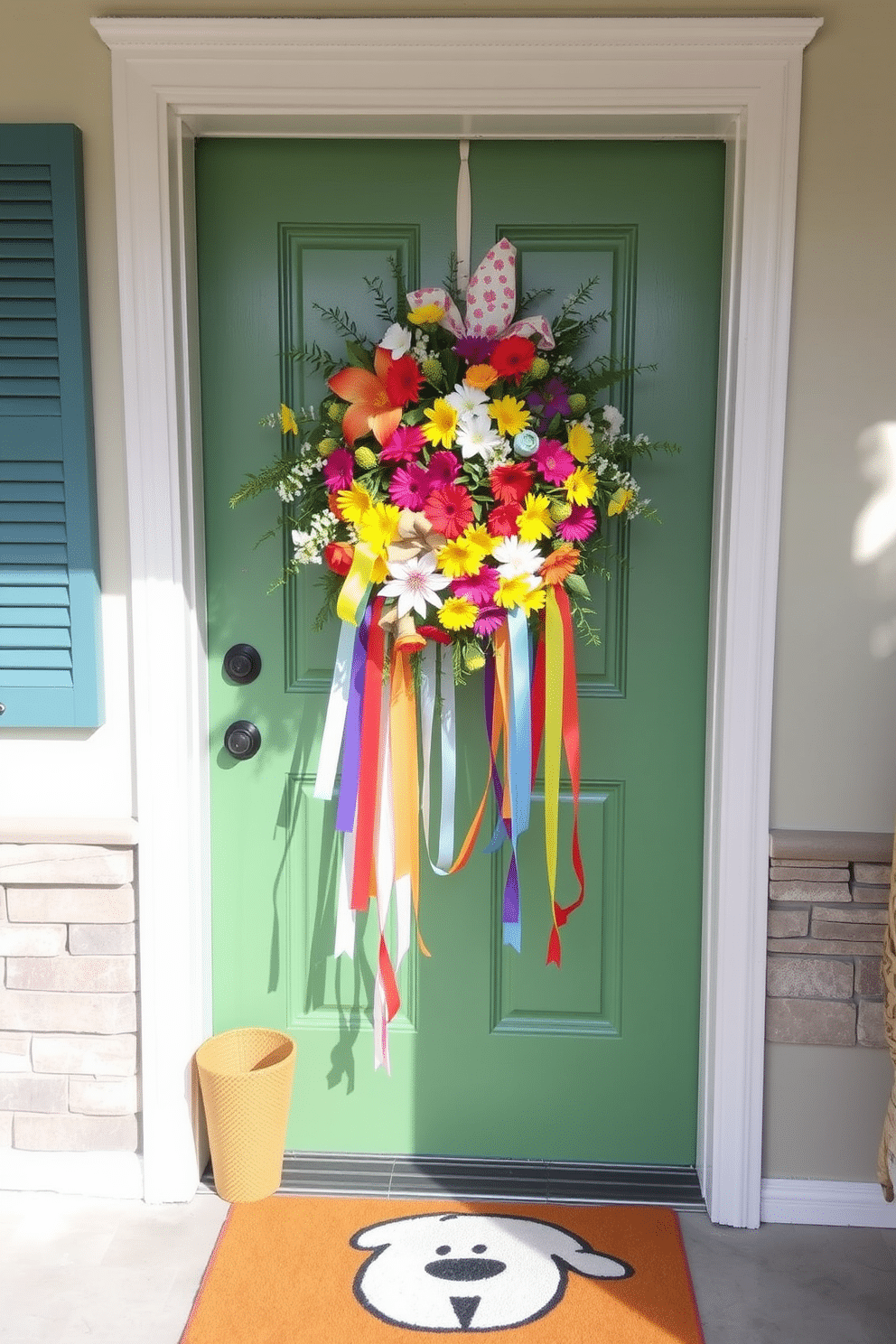 A vibrant summer-themed door swag adorned with colorful ribbons creates a welcoming entrance. The swag features a mix of bright flowers and greenery, perfectly complementing the cheerful ribbons that cascade down the sides. The front door is painted in a soft pastel hue, enhancing the summer vibe. A matching doormat with a playful design adds the finishing touch to this delightful summer decor.