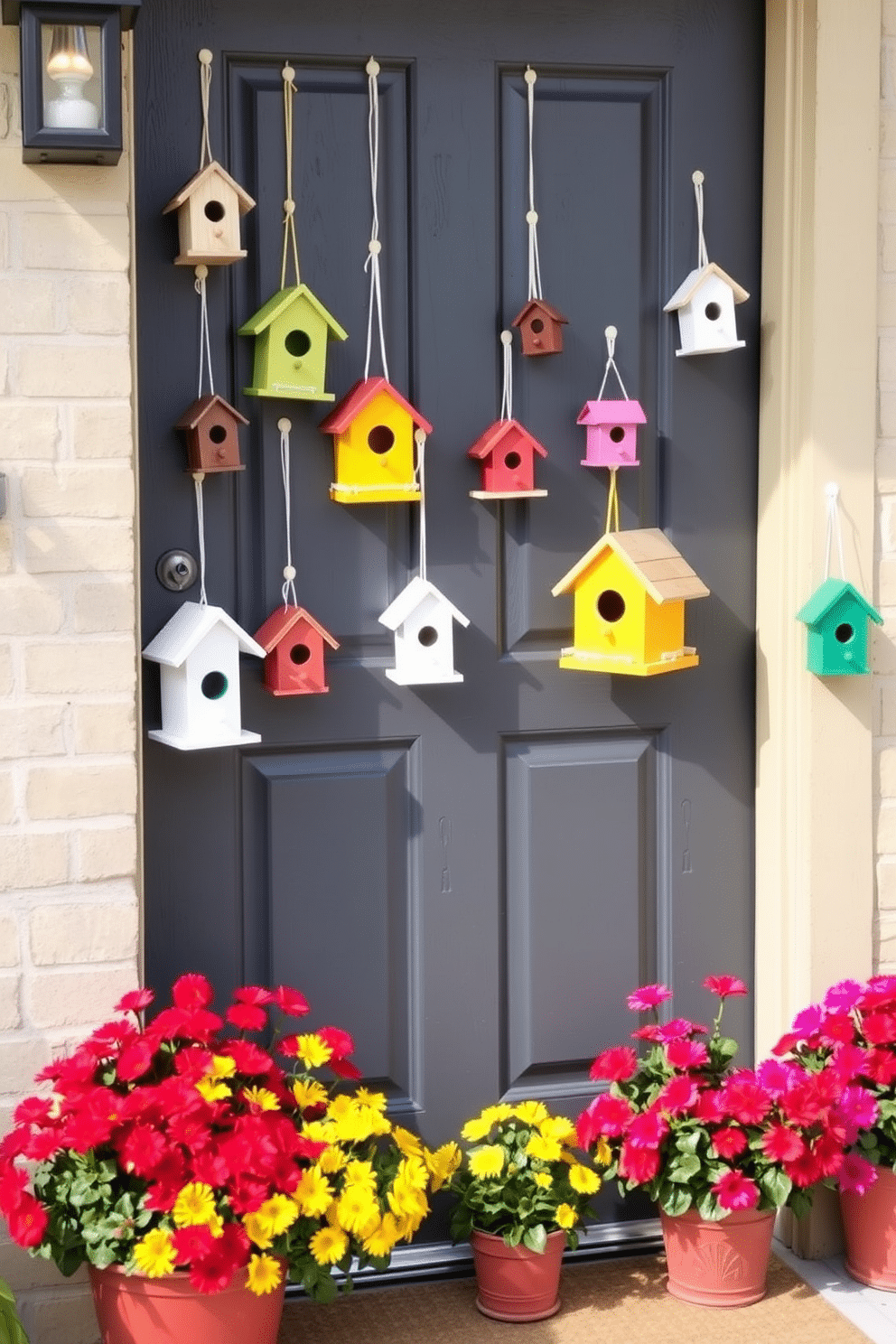 A charming front door adorned with hanging birdhouses in various colors and sizes creates a whimsical atmosphere. Bright flowers in pots flank the entrance, enhancing the cheerful and inviting feel of the summer decor.