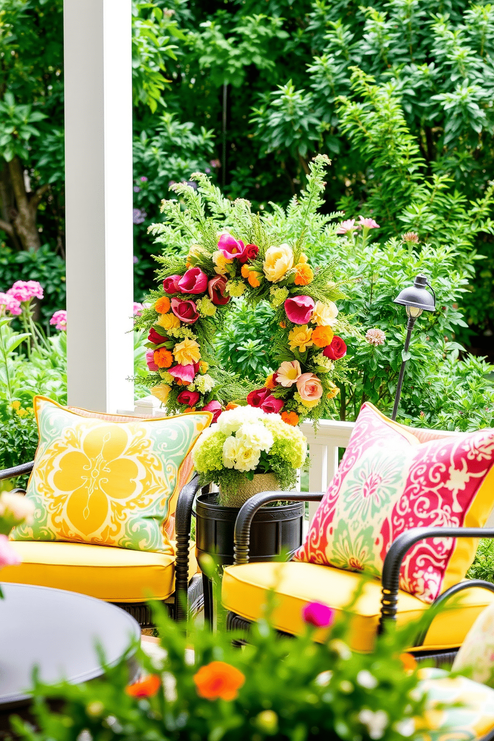 Bright cushions on outdoor seating create a vibrant and inviting atmosphere. The cushions feature bold patterns and colors, enhancing the natural beauty of the surrounding garden. Summer front door decorating ideas can transform your entryway into a welcoming focal point. Consider using a colorful wreath made of fresh flowers and greenery to bring a touch of nature to your home.