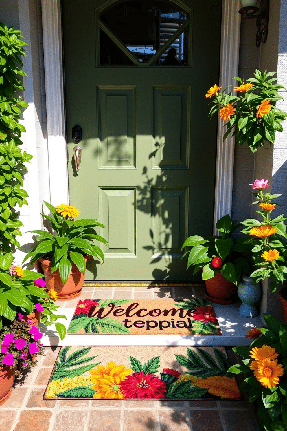 A colorful welcome mat featuring a vibrant tropical theme is placed at the entrance. Surrounding the door, potted plants with lush green leaves and bright flowers create a cheerful and inviting atmosphere.