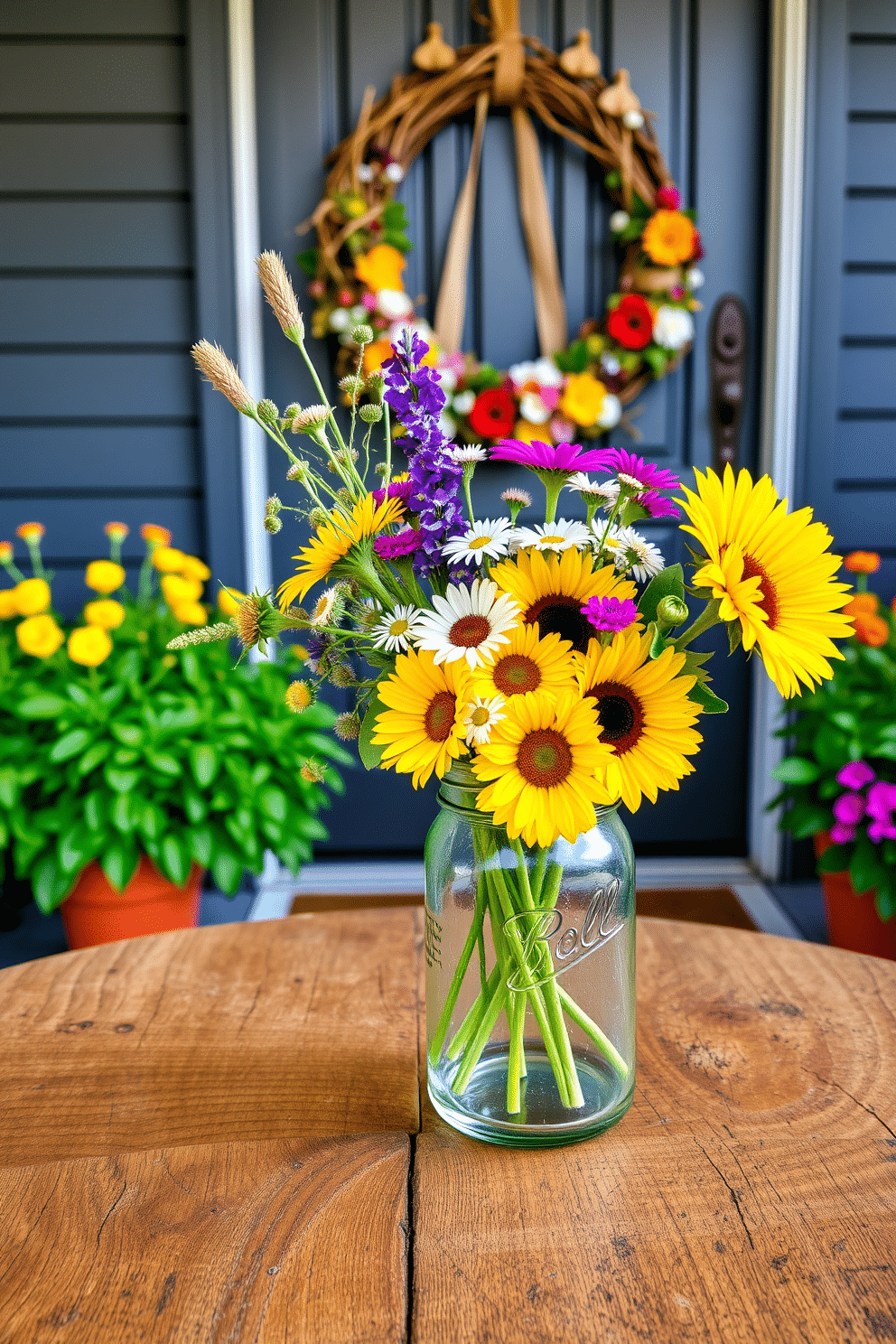 A charming floral arrangement in a mason jar sits on a rustic wooden table. The vibrant blooms include sunflowers, daisies, and wildflowers, creating a cheerful and inviting atmosphere. The front door is adorned with a handmade wreath made of twigs and colorful flowers. Brightly colored potted plants flank the entrance, enhancing the welcoming summer vibe.