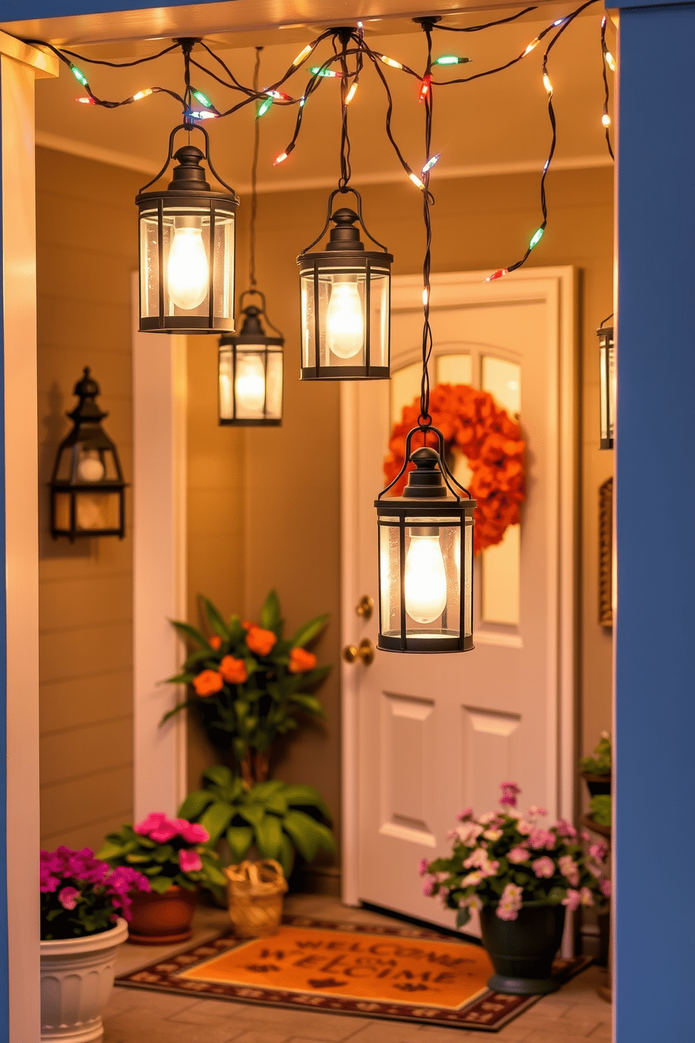 Hanging lanterns adorned with string lights create a warm and inviting atmosphere at the front door. The entrance is enhanced with vibrant potted plants and a cozy welcome mat, setting a cheerful tone for summer gatherings. The lanterns, crafted from wrought iron, cast a soft glow in the evening light. Colorful string lights drape elegantly above, adding a whimsical touch to the seasonal decor.