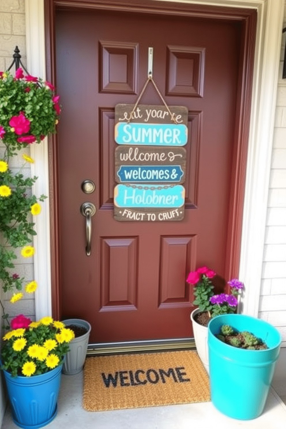 A charming front door adorned with a painted wooden sign featuring cheerful summer quotes. Surrounding the door, vibrant potted flowers and a welcoming doormat create a warm and inviting entrance.