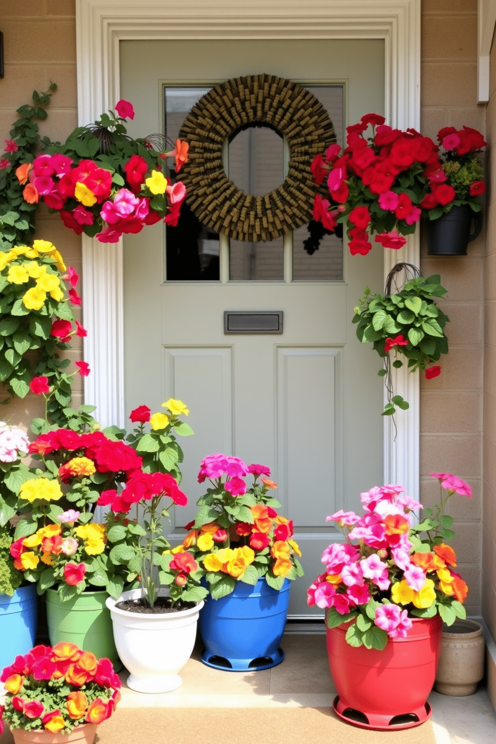 A charming front door adorned with potted geraniums in vibrant colors. The flowers are arranged in a variety of sizes and shades, creating a welcoming and cheerful atmosphere.