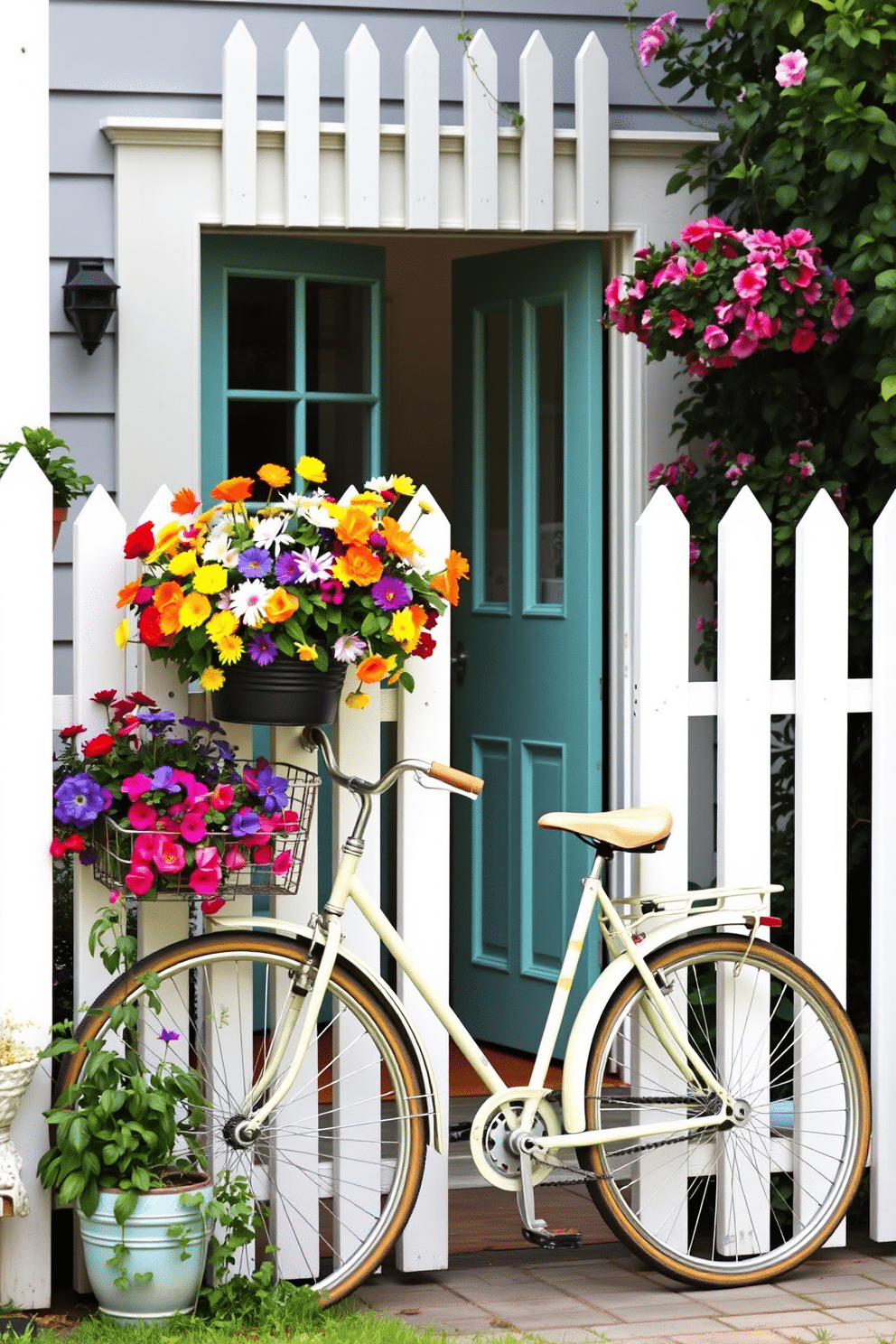 A charming vintage bicycle stands against a white picket fence, adorned with a vibrant flower basket overflowing with colorful blooms. The front door, painted in a cheerful pastel hue, is framed by lush greenery and decorative planters that enhance the welcoming atmosphere.