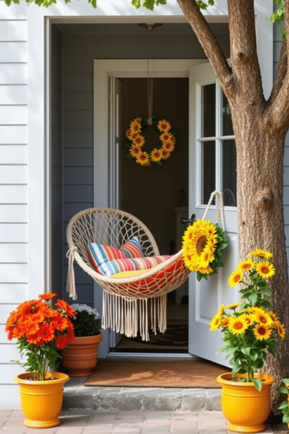 A cozy outdoor space featuring a hammock chair suspended between two trees. The chair is woven with natural fibers and adorned with colorful cushions, inviting relaxation under the shade. A charming front door adorned with seasonal decorations for summer. Brightly colored flower pots flank the entrance, and a cheerful wreath made of sunflowers hangs on the door.