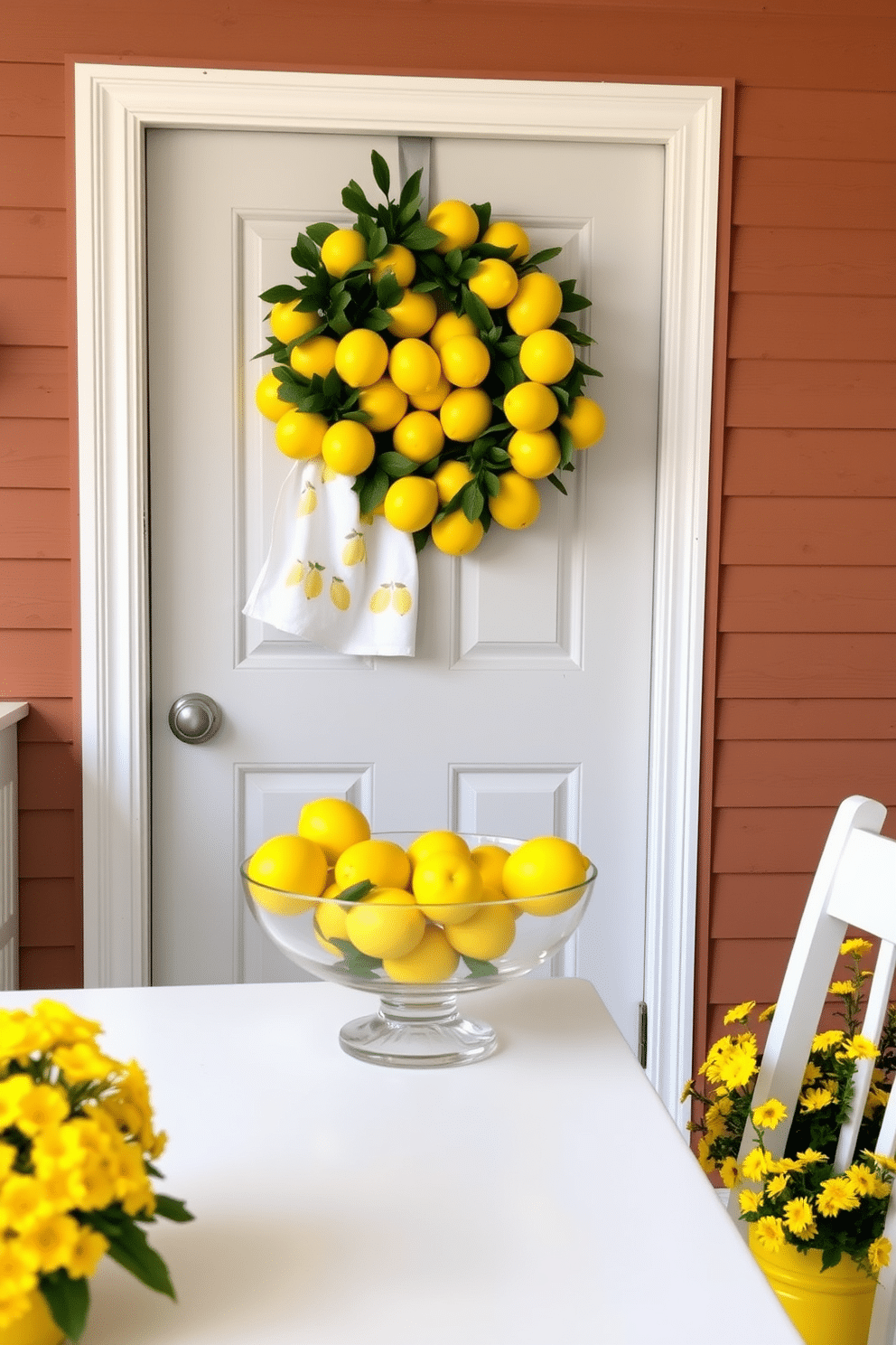 Lemon-themed decor for a fresh look. Bright yellow lemons are arranged in a clear glass bowl on a white kitchen table, complemented by lemon-patterned dish towels hanging from the oven handle. Summer front door decorating ideas. A vibrant wreath made of faux lemons and greenery adorns the front door, while potted yellow flowers sit on either side of the entrance for a cheerful welcome.