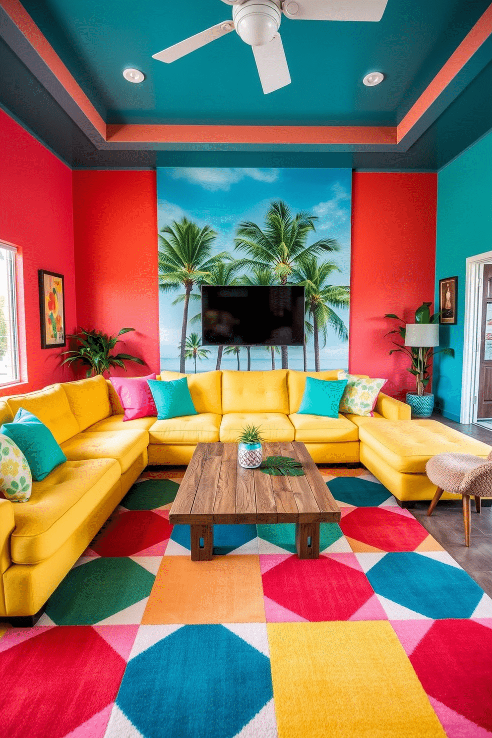 A vibrant game room filled with bright tropical colors creates an inviting atmosphere. The walls are painted in a lively coral hue, complemented by a bold turquoise accent wall featuring a large mural of palm trees. The furniture includes a plush sectional sofa in sunny yellow, adorned with colorful throw pillows in shades of green and pink. A sleek coffee table made of reclaimed wood sits in the center, surrounded by a playful area rug with geometric patterns in bright colors.