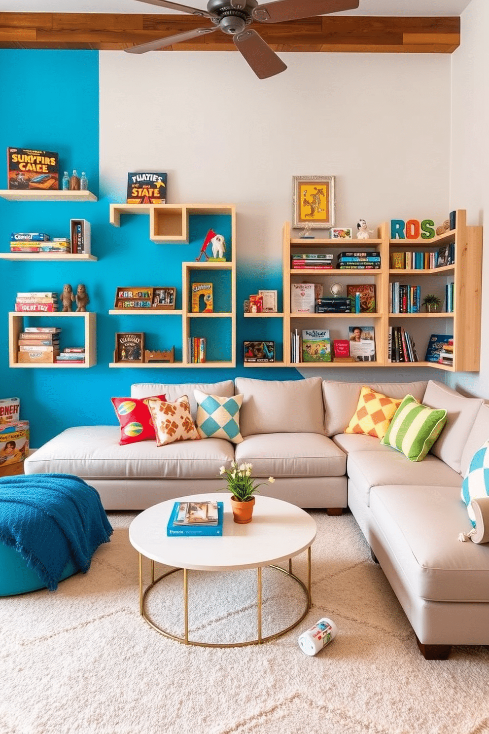 Create a vibrant summer game room featuring wall-mounted game shelves that showcase an array of board games and collectibles. The shelves are made of light wood and are arranged in a playful, asymmetrical pattern against a bright blue accent wall. Add comfortable seating options like a large sectional sofa adorned with colorful throw pillows. A stylish coffee table sits in the center, surrounded by a soft area rug that complements the room's cheerful atmosphere.