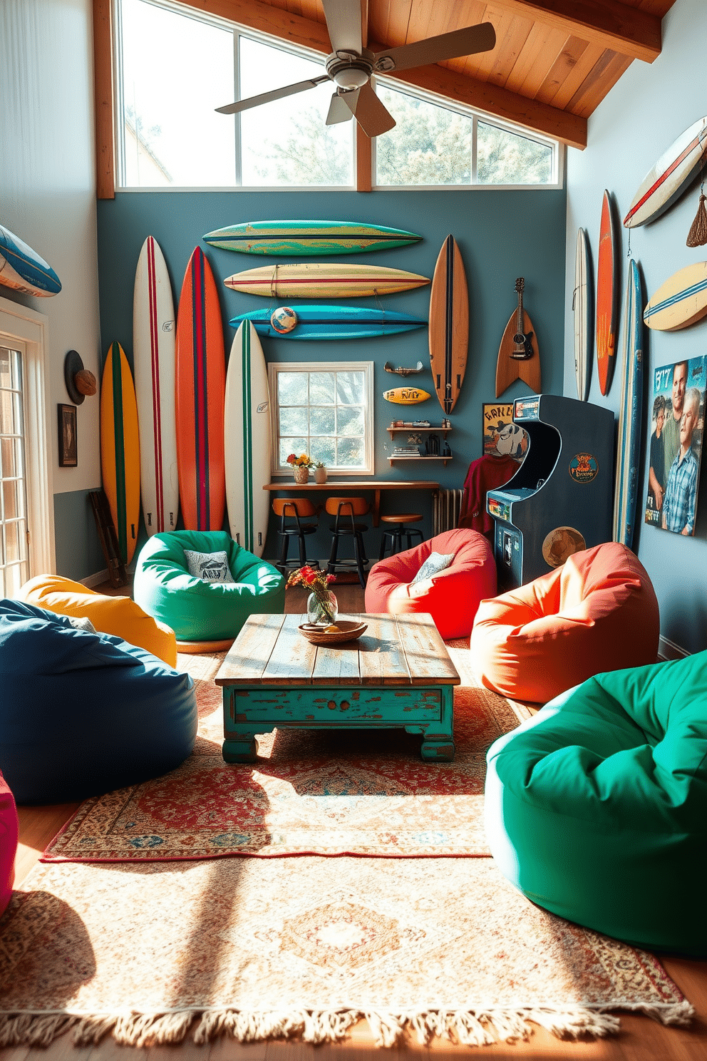 A vibrant game room featuring vintage surfboards mounted on the walls creates a relaxed and playful atmosphere. The room is filled with colorful bean bags and a large retro arcade machine, inviting friends and family to gather and enjoy. Natural light floods the space through large windows, enhancing the bright colors and textures of the decor. A wooden coffee table with a distressed finish sits at the center, surrounded by a cozy rug that ties the room together.