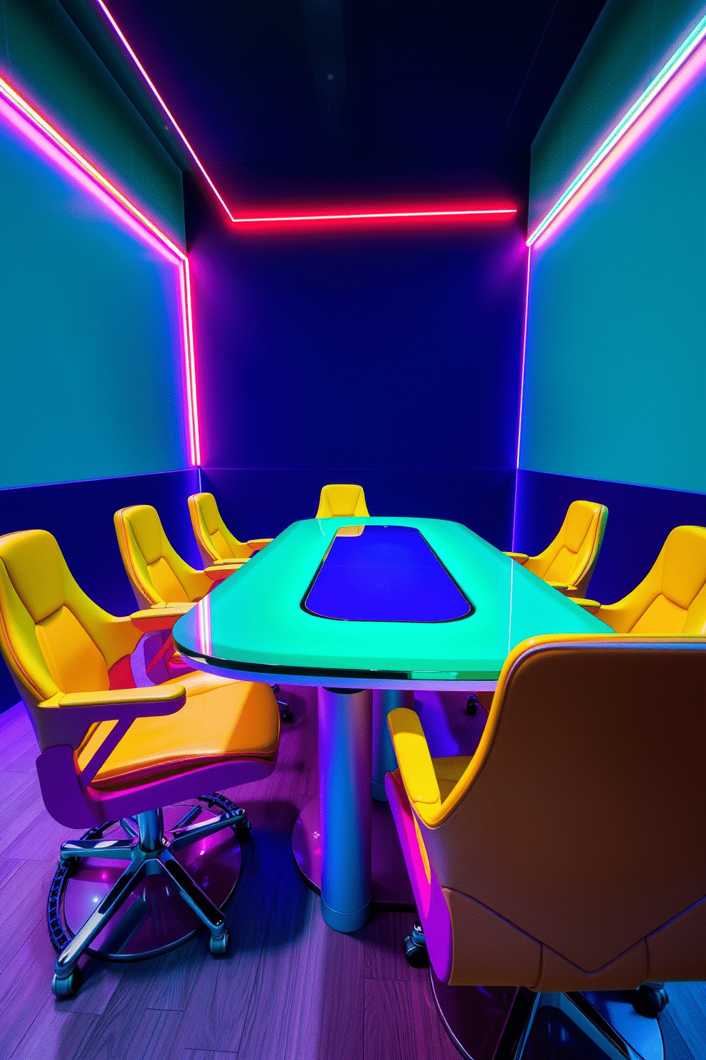 Brightly colored gaming chairs are arranged around a sleek, modern gaming table with a glass top. The walls are painted in a vibrant teal, and colorful LED strip lights illuminate the room, creating an energetic atmosphere.