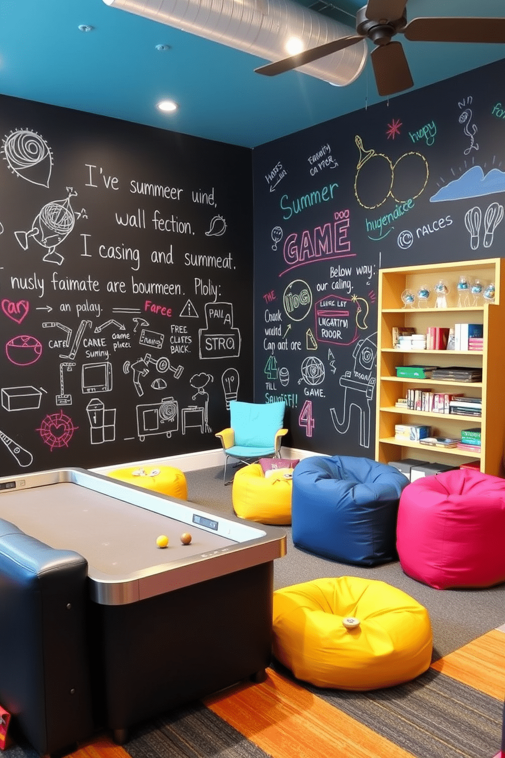 A vibrant summer game room featuring an interactive chalkboard wall that encourages creativity and play. The room is filled with comfortable seating and colorful bean bags, creating a fun and inviting atmosphere for all ages.