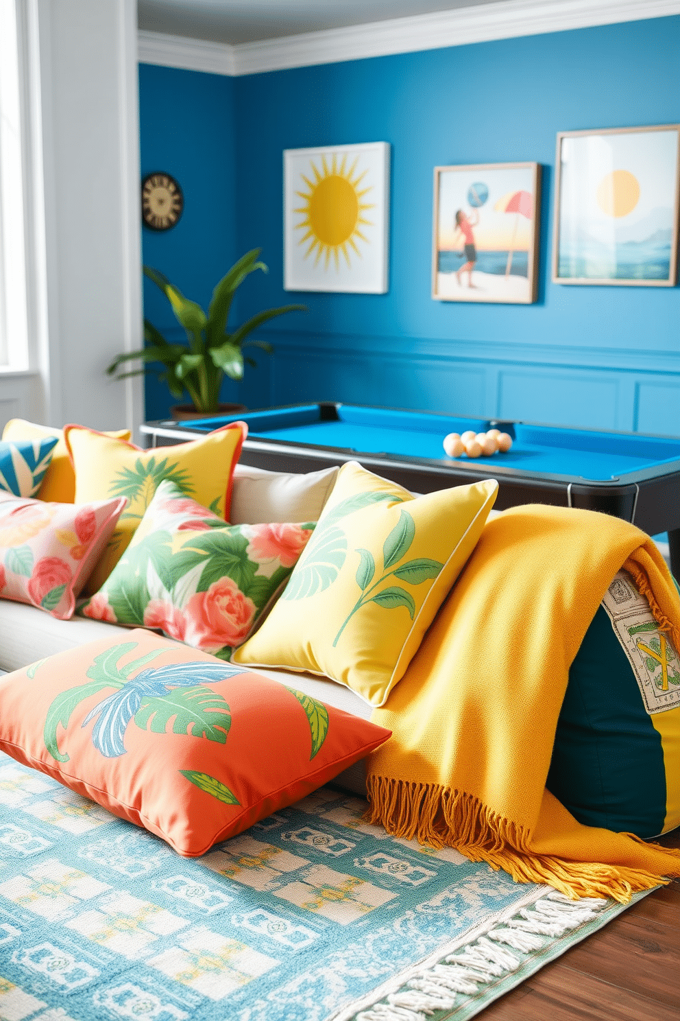 Create a vibrant summer-themed space featuring throw pillows and blankets in bright colors and playful patterns. The pillows are adorned with tropical motifs while the blankets are lightweight and cozy, perfect for warm evenings. Design an inviting game room that captures the essence of summer fun. Incorporate elements like a pool table, colorful bean bags, and wall art that reflects outdoor activities and sunshine.