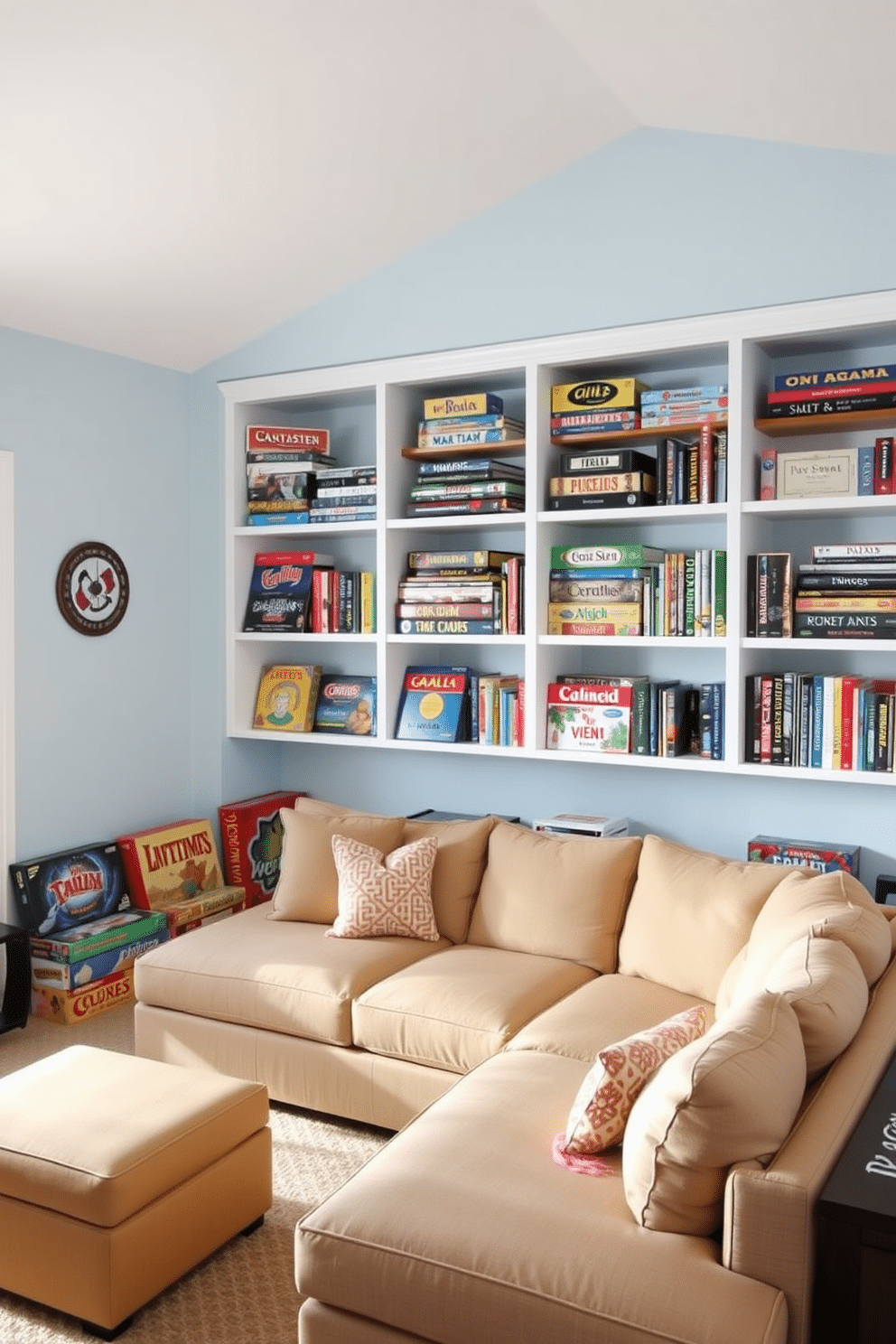 A bright and airy game room featuring open shelving filled with an assortment of colorful board games. The walls are painted in a soft blue, and a cozy seating area with a large sectional sofa invites relaxation and fun.