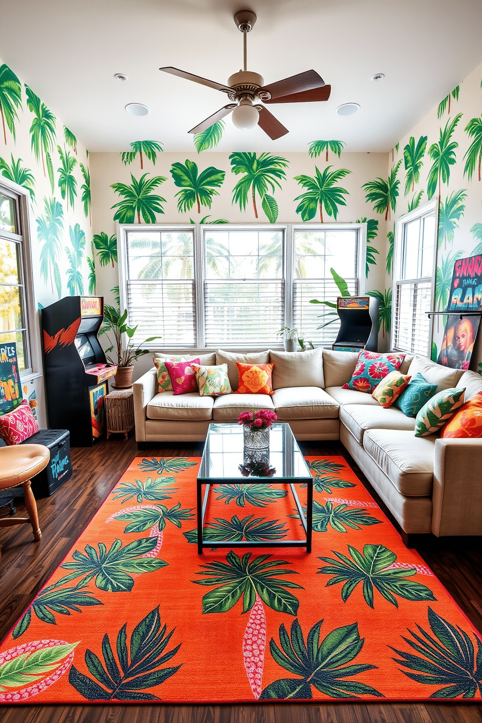 A vibrant summer game room filled with tropical prints on the wall decals creates a lively atmosphere. The space features a large sectional sofa adorned with colorful throw pillows and a sleek coffee table at the center. To the side, a vintage arcade machine adds a nostalgic touch, while a bright rug with palm leaf patterns ties the room together. Large windows allow natural light to flood in, enhancing the cheerful vibe of the game room.