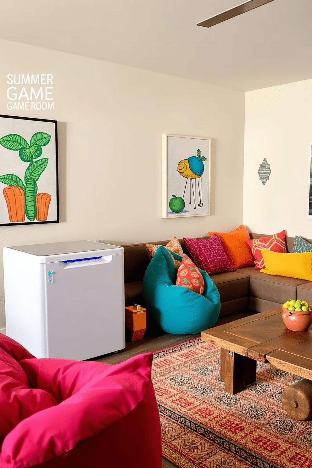 A stylish summer game room features a sleek, modern cooler designed to blend seamlessly with the decor. The cooler is positioned near a vibrant seating area with colorful bean bags and a rustic wooden coffee table. Bright artwork adorns the walls, adding a playful touch to the space. Soft lighting creates a warm ambiance, making it the perfect setting for entertaining friends and family.