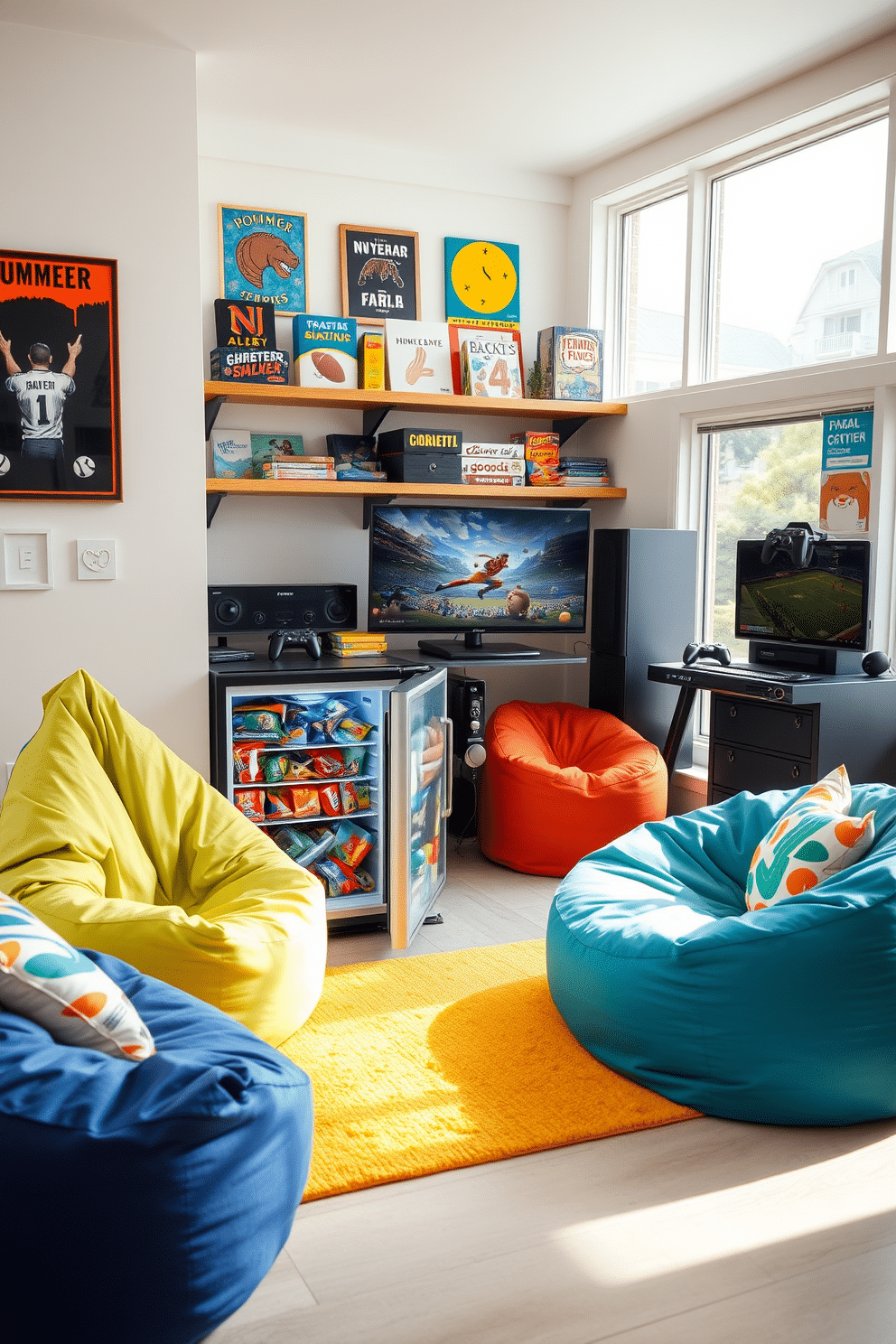 A mini fridge stocked with summer snacks is placed in the corner of a vibrant game room. The fridge is surrounded by colorful bean bags and a large gaming console setup, creating a fun and inviting atmosphere. The walls are adorned with playful artwork and shelves filled with board games and sports memorabilia. A bright rug adds warmth to the space, while large windows allow natural light to flood in, enhancing the summer vibe.