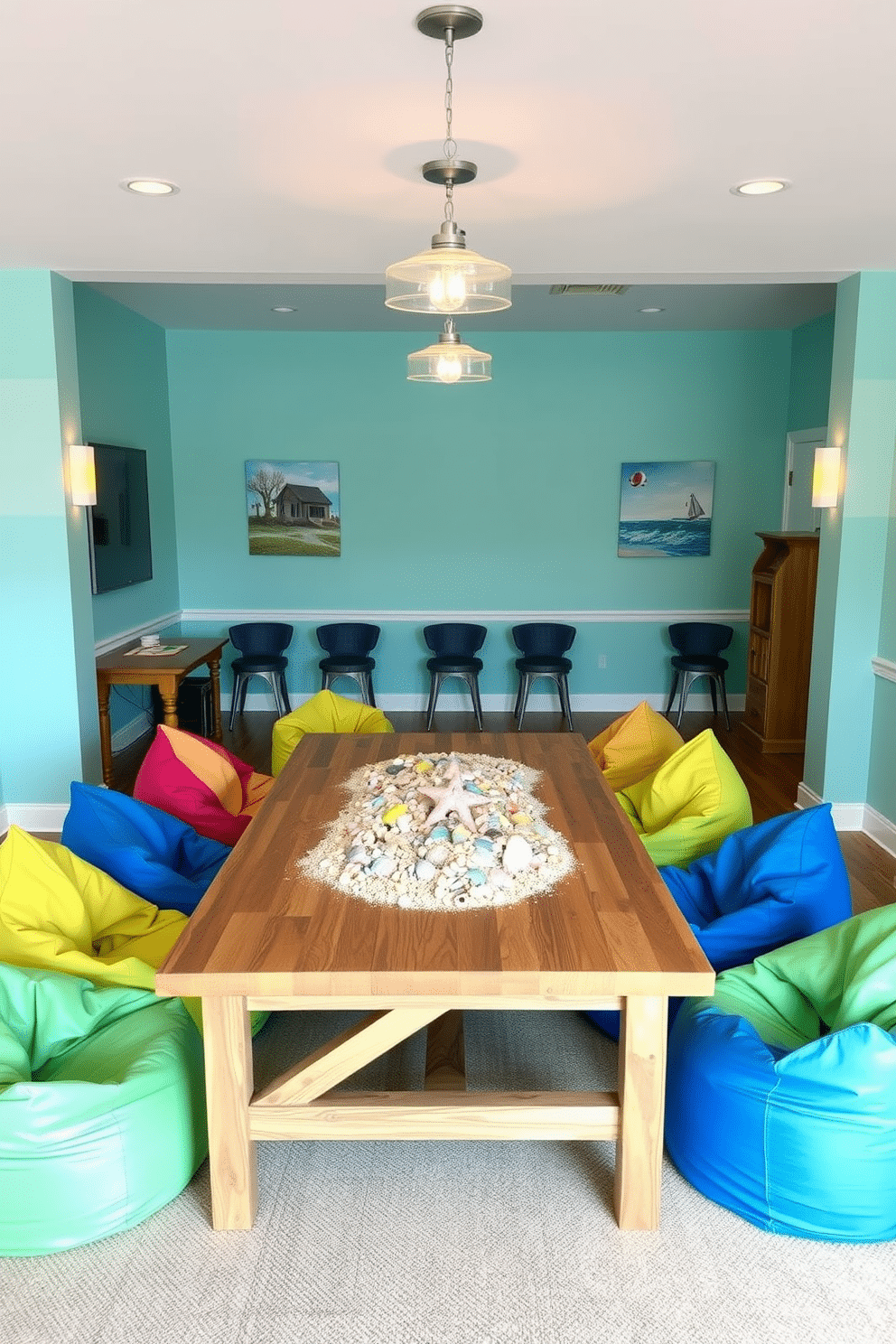 A vibrant summer game room features a large wooden table surrounded by colorful bean bag chairs. The centerpiece is a decorative arrangement of sand and seashells, adding a beachy vibe to the space. The walls are painted in a light aqua color, complemented by playful artwork depicting ocean scenes. Soft lighting fixtures create a warm and inviting atmosphere, perfect for relaxation and fun.