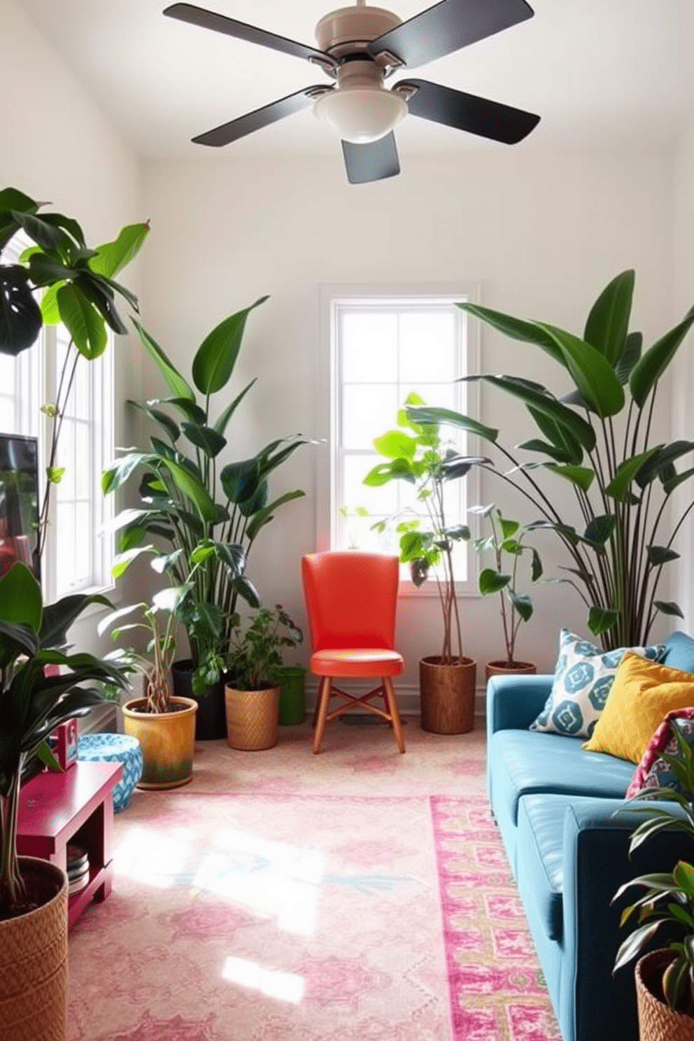 Large indoor plants create a refreshing atmosphere and bring a touch of nature indoors. Position tall leafy plants in the corners of the room to enhance the vibrant and lively feel. Incorporate bright colors and playful patterns to energize the space. Use comfortable seating options and a mix of textures to create an inviting summer game room.