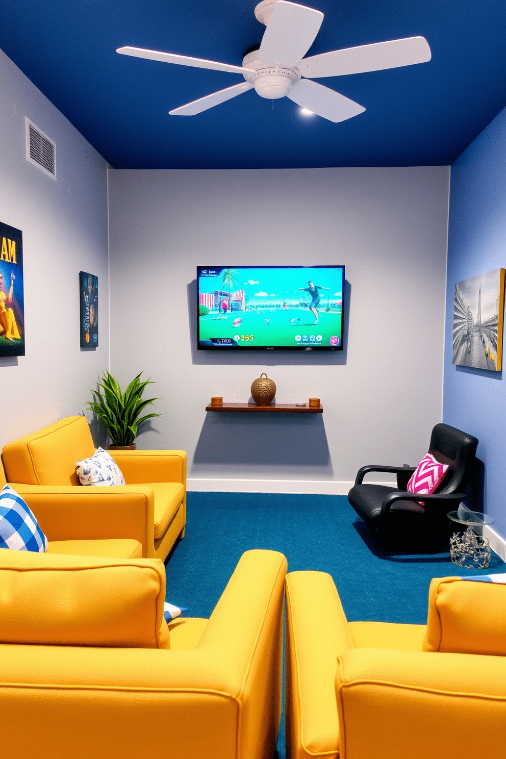 A modern game room featuring a wall-mounted TV for optimal gaming convenience. The space is designed with comfortable seating options and vibrant decor to enhance the summer vibe.