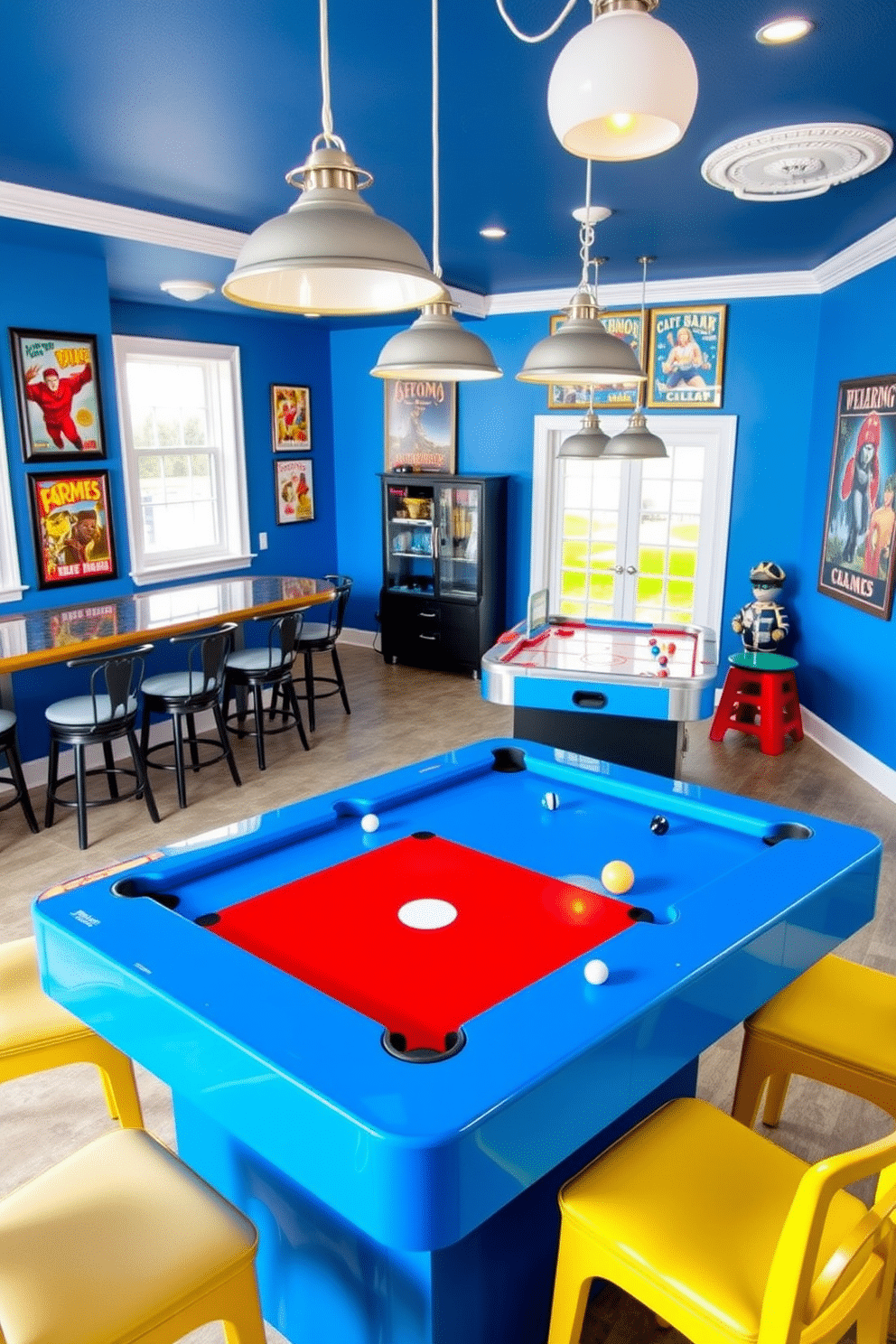 A vibrant game room featuring a sleek pool table with a glossy blue finish at the center. Surrounding the table are colorful bar stools with plush cushions, and the walls are adorned with framed vintage game posters. In one corner, a stylish air hockey table with a bright red surface invites friendly competition. The room is illuminated by playful pendant lights, creating an energetic and inviting atmosphere for summer gatherings.