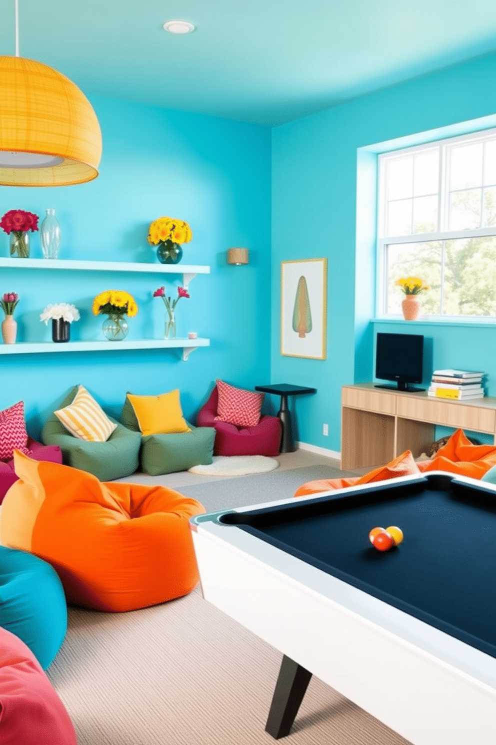 A vibrant game room filled with summer energy. The walls are painted a light blue, and colorful bean bags are scattered around a sleek pool table. Bright seasonal flowers in cheerful vases adorn the shelves, adding pops of color to the space. A large window lets in natural light, enhancing the playful atmosphere perfect for entertaining friends.