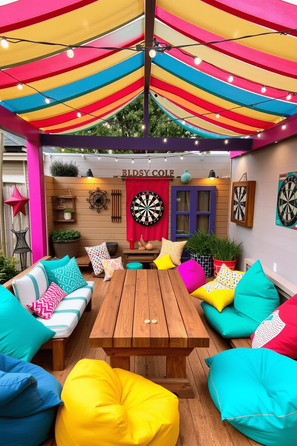 A vibrant outdoor games corner designed for fun activities. This space features a colorful pergola with string lights overhead, surrounded by comfortable seating and playful decor elements. The area includes a large wooden table for board games and a dartboard mounted on a nearby wall. Brightly colored cushions and bean bags are scattered around, creating an inviting atmosphere for summer gatherings.