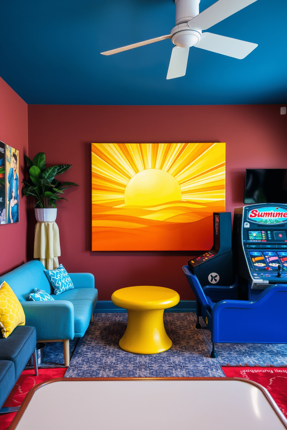 Sunshine-inspired artwork that radiates warmth and positivity. Bright yellows and soft oranges dominate the canvas, depicting a vibrant sun rising over a serene landscape. A summer game room designed for relaxation and fun. The space features a mix of comfortable seating, colorful decor, and engaging games that invite laughter and enjoyment.