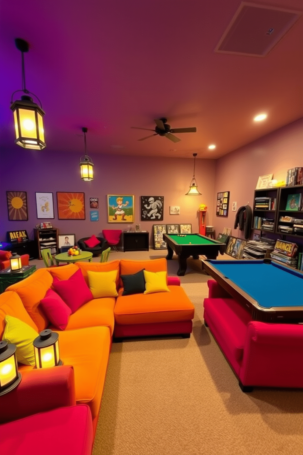 A vibrant game room filled with energy and excitement. The space features a large sectional sofa in bright colors, surrounded by portable lanterns casting a warm glow. In one corner, a pool table is set up, complemented by colorful wall art and shelves filled with board games. The flooring is a soft, durable carpet that enhances comfort and encourages relaxation during game nights.