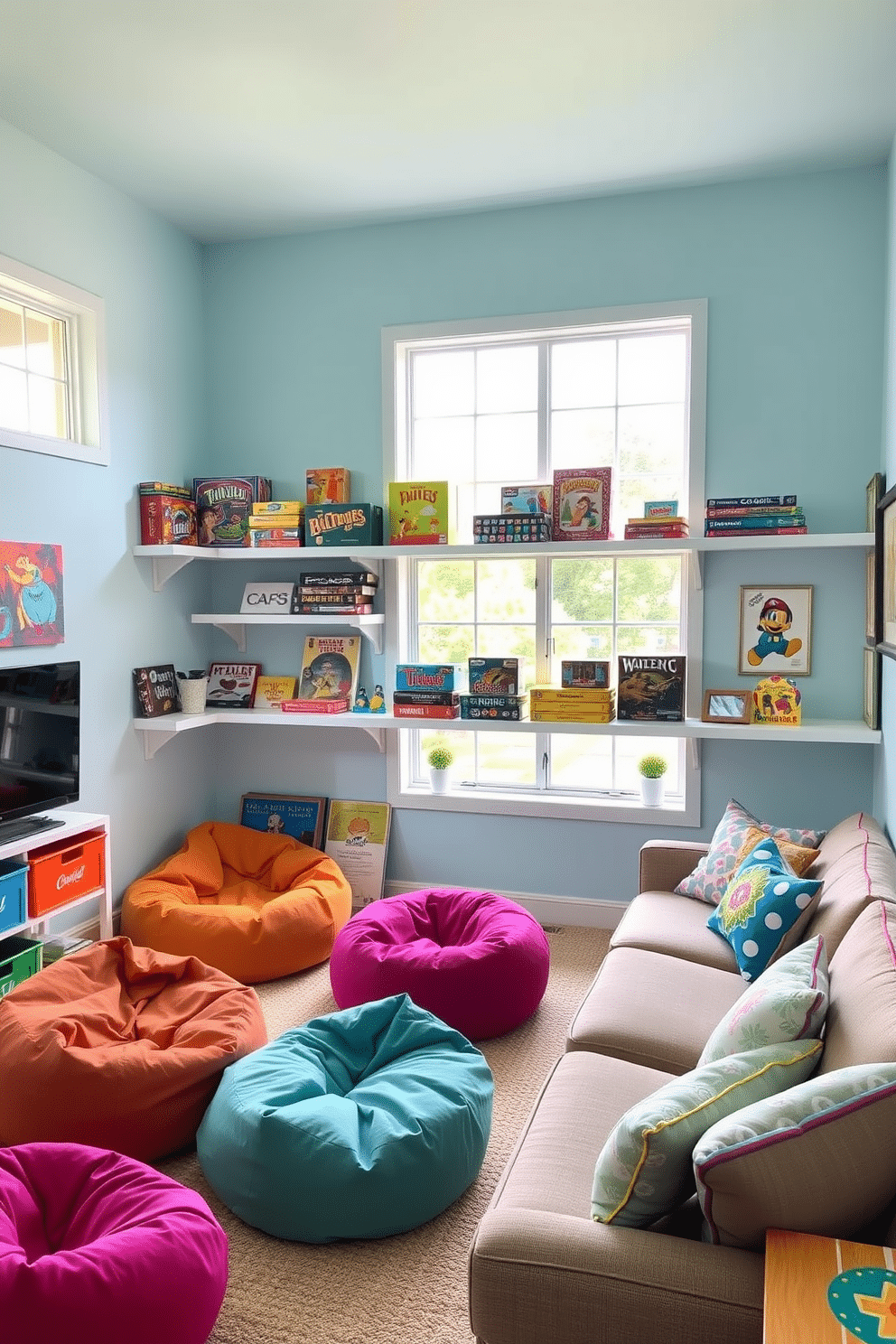 A bright and inviting summer game room featuring floating shelves that hold an array of board games and colorful storage boxes. The walls are painted in a light blue hue, and a large window allows natural light to flood the space, creating a cheerful atmosphere. Comfortable seating arrangements include a mix of bean bags and a cozy sectional sofa, perfect for lounging with friends and family. Decorative elements such as vibrant artwork and playful cushions add a fun and playful touch to the overall design.