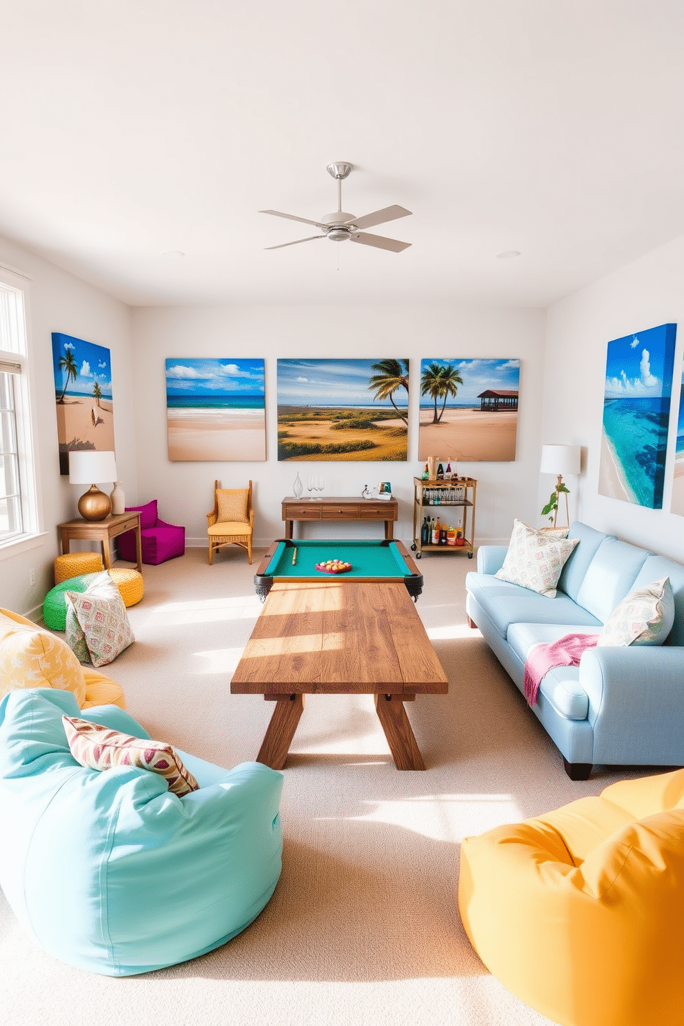 A bright and airy game room featuring canvas prints of vibrant summer landscapes on the walls. The room is furnished with a large sectional sofa in light blue, a rustic wooden coffee table, and a pool table in the center, creating a fun and inviting atmosphere. The space is accented with playful decor elements like colorful bean bag chairs and a bar cart stocked with summer-themed drinks. Large windows let in natural light, enhancing the cheerful ambiance and making it a perfect spot for relaxation and entertainment.