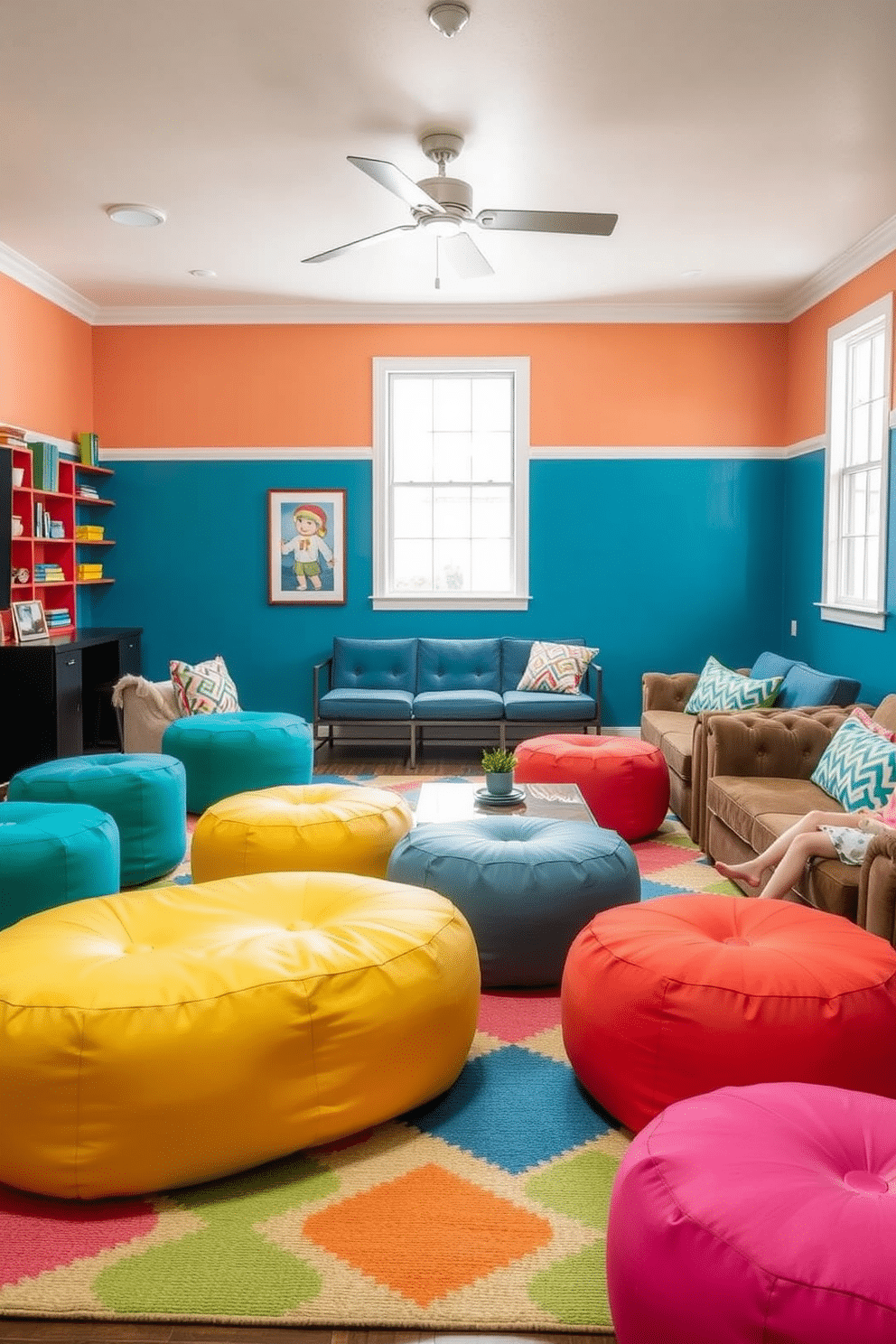 Colorful poufs are scattered throughout a vibrant summer game room, providing extra seating for friends and family. The room features a playful color palette with bright accents, including a large area rug that ties together the various seating arrangements.