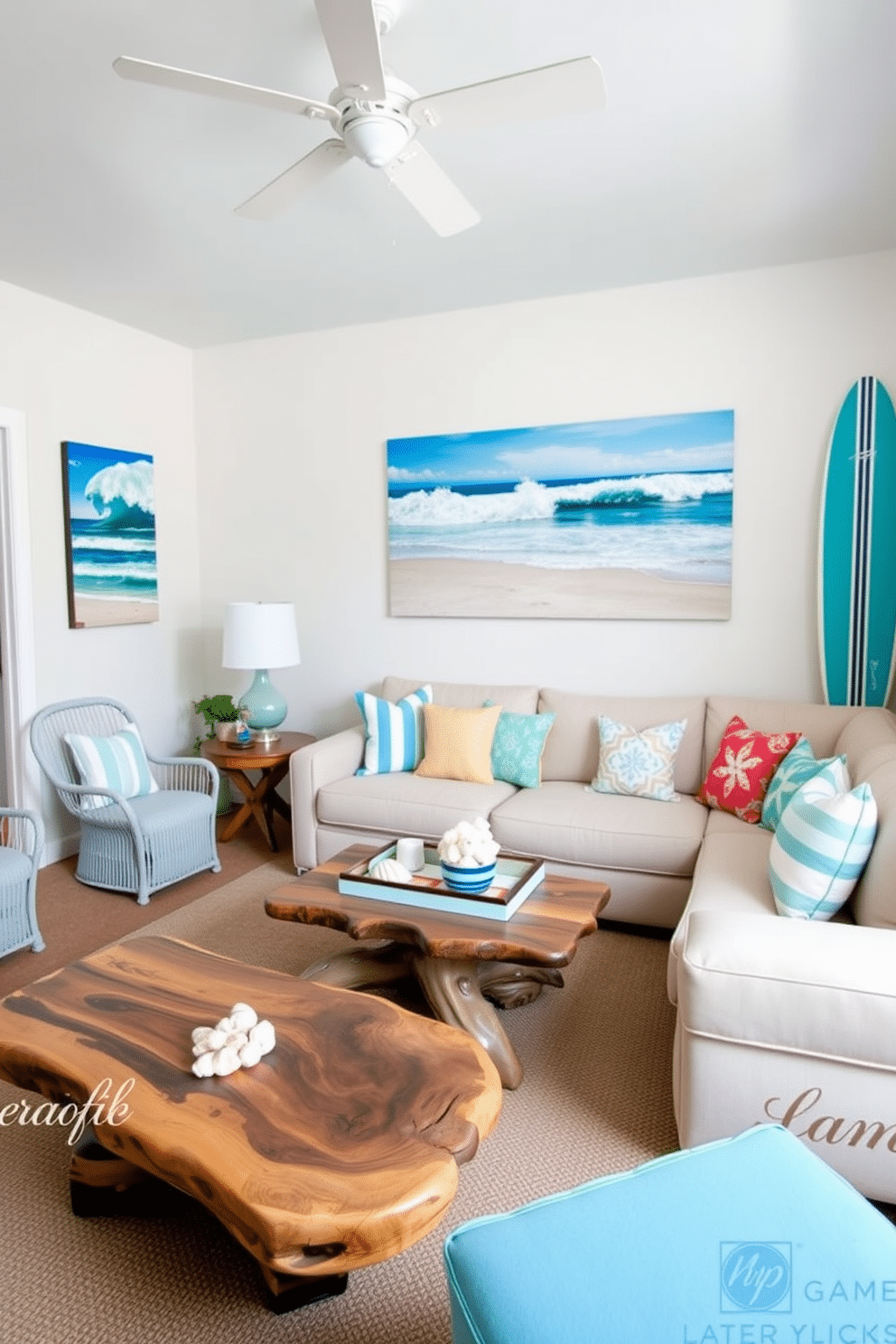 A bright and airy game room inspired by beach themes. The walls are adorned with vibrant beach-themed artwork featuring ocean waves and sandy shores, complemented by light blue accents throughout the space. Cozy seating arrangements include a large sectional sofa with nautical-themed cushions and a coffee table made from reclaimed driftwood. The room is filled with playful decor items like surfboards and seashells, creating a fun and inviting atmosphere for summer gatherings.