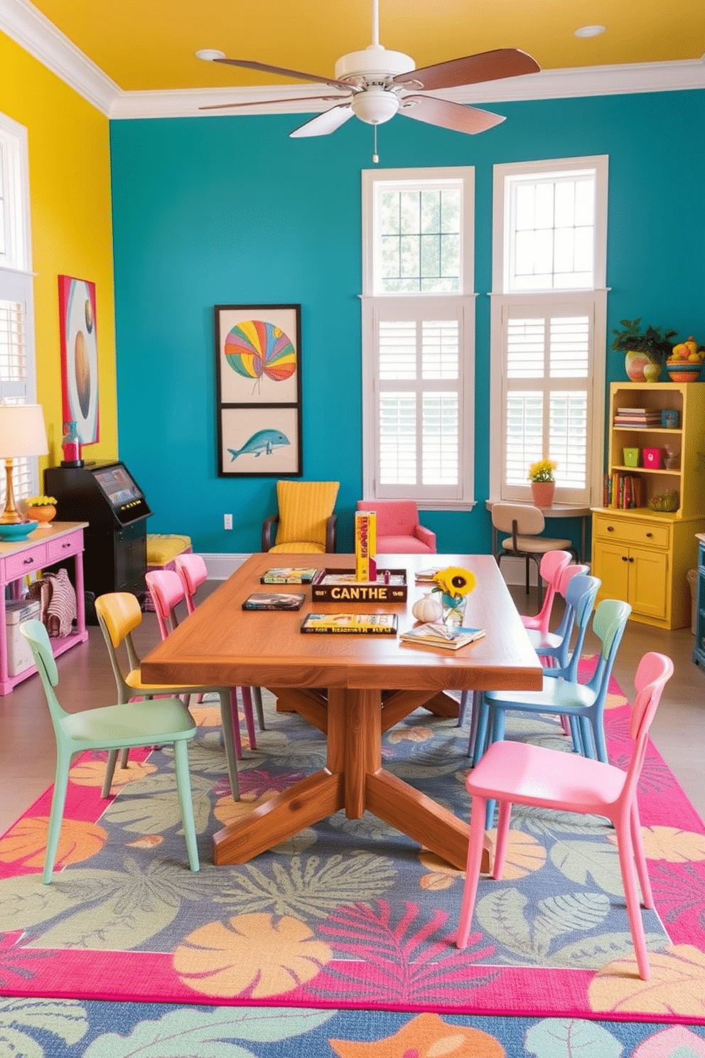 A vibrant summer-themed game room filled with colorful decor. The walls are painted in bright shades of yellow and blue, and the floor is adorned with a playful area rug featuring tropical patterns. A large wooden table is set up in the center, surrounded by comfortable chairs in various pastel colors. On the table, there are board games and summer-themed decorations like seashells and sunflowers, creating a cheerful atmosphere for entertainment.