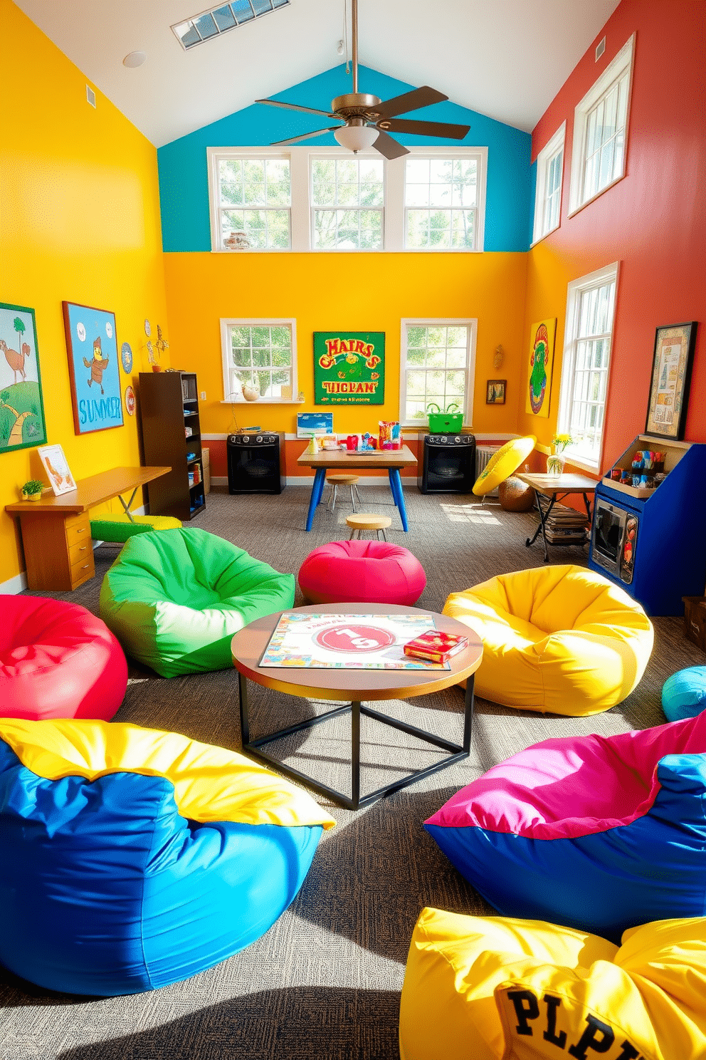 A vibrant summer game room filled with fun bean bag seating options. The room features colorful bean bags in various shapes and sizes, arranged around a large coffee table with board games and snacks. Brightly colored walls adorned with playful artwork create an inviting atmosphere. Large windows allow natural light to flood the space, enhancing the cheerful ambiance of the game room.